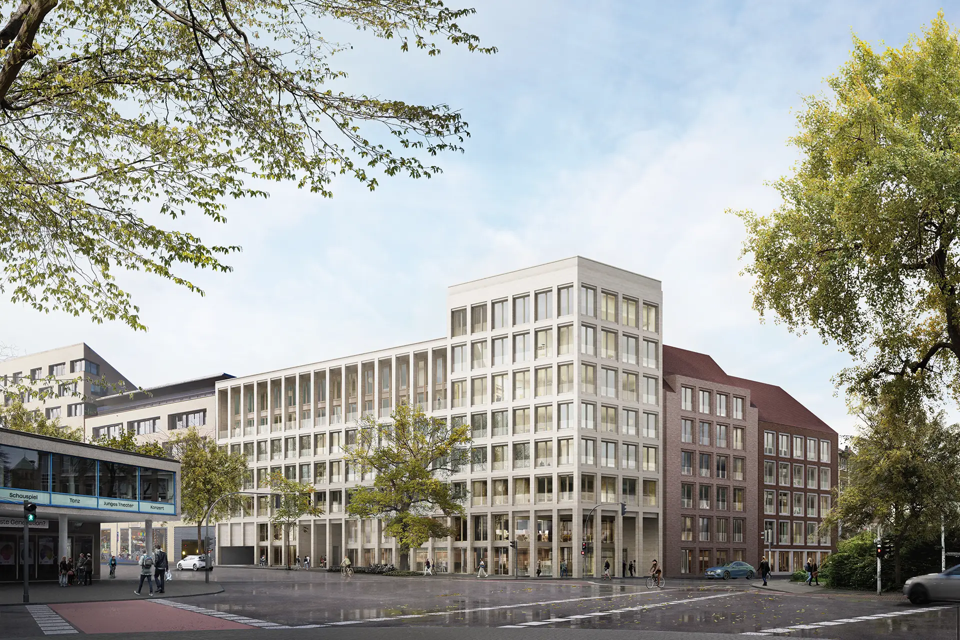 Die umgebaute Hauptstelle der Volksbank im Münsterland wird ein zentrales Element für ein neues Quartier in der Innenstadt von Münster.